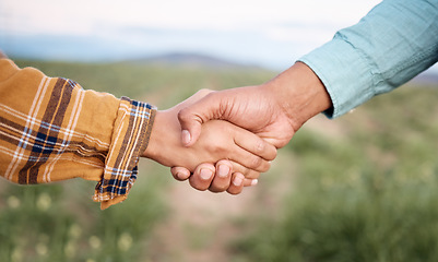 Image showing Deal, handshake and agriculture partnership at farm for sustainability teamwork, agreement or collaboration. Welcome, thank you and people, man and woman shaking hands for b2b, trust and support.