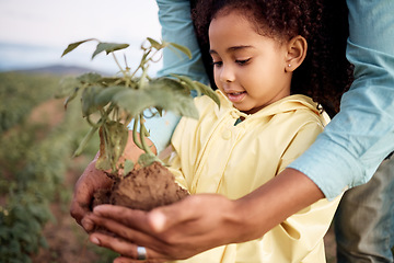 Image showing Nature, sustainable and child with a plant on farm for planting eco friendly, organic and green leaves. Agriculture, farming and young agro girl kid holding soil and greenery in field in countryside.