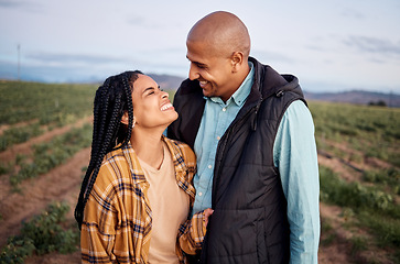 Image showing Agro farming, sustainability and black couple in field in countryside with smile and love in small business market. Agriculture, sustainable farm and happy farmer man and woman with growth and nature