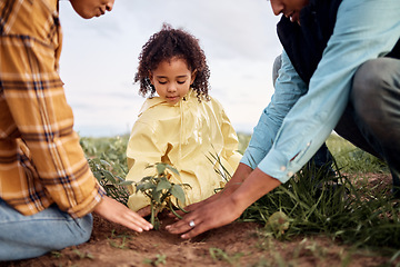 Image showing Family, girl and parents planting for growth, agriculture or loving on countryside break, bonding or hobby. Love, father or mother with daughter, learning or child development with organic vegetation