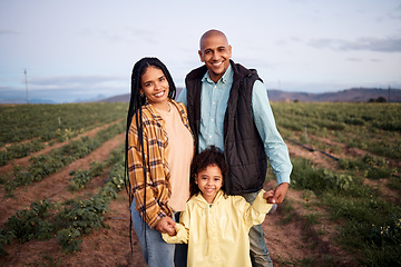 Image showing Black family, smile and portrait at agriculture farm, bonding and having fun together. Love, agro sustainability and care of father, mother and girl, kid or child on field for harvest and farming.