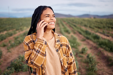 Image showing Phone call, agriculture and sustainability with a black woman on a farm for growth in the harvest season. Farmer, contact and 5g mobile technology with a female farming on a field in the countryside