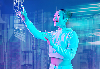 Image showing Futuristic, hologram or woman in metaverse on purple background gaming, cyber or scifi on digital overlay. Wow, girl virtual reality user or Asian fantasy gamer person in 3d ai experience in studio