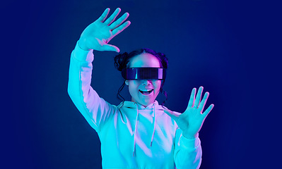 Image showing Virtual reality glasses, wow and a woman with vr tech for futuristic gaming, cyber and 3d world. Gamer person excited with hands for ar, digital experience and cyberpunk ux dark background app