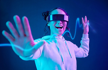 Image showing Vr, wave or woman in metaverse on purple background gaming, cyber or scifi on future digital overlay. Wow, fun virtual reality user or happy Asian fantasy gamer person in 3d ai experience in studio