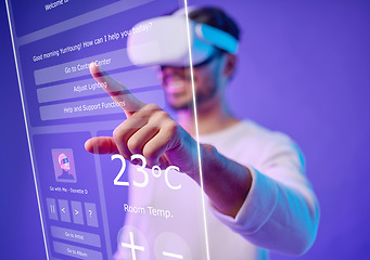 Image showing Future, overlay or man typing in metaverse on purple background searching, cyber or scifi on digital overlay. Ux screen, virtual reality user or happy person in futuristic 3d ai experience in studio