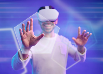 Image showing Hologram, hands or happy man in metaverse on purple background gaming, cyber or scifi on digital overlay. Wow, virtual reality user or fantasy gamer person in futuristic 3d ai experience in studio