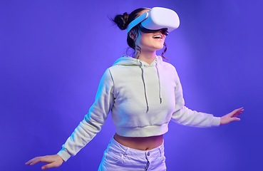 Image showing Future of ai, woman with vr headset and digital transformation for metaverse experience in technology. Person streaming augmented reality simulation, futuristic gaming and ux for cyber innovation