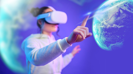 Image showing Futuristic, planet or woman in vr or metaverse on purple background gaming, cyber or scifi on digital overlay. World, virtual reality user or fantasy gamer person in 3d ai galaxy experience in studio