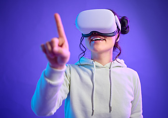 Image showing Virtual reality glasses, metaverse and a woman with hand for futuristic gaming, cyber and 3d world. Excited gamer person with finger for ar mock up, digital experience and creative purple background