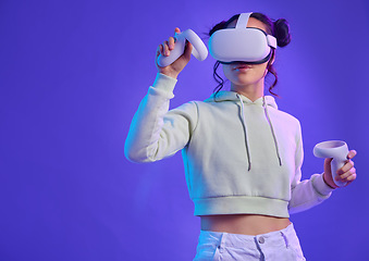 Image showing Metaverse, virtual reality glasses and a woman with mockup space for futuristic, cyber and digital world. Gamer person with hand controller for ar, 3d experience and cyberpunk purple background app
