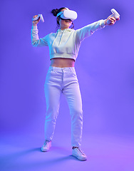 Image showing Virtual reality headset, metaverse fight and a woman with vr controller for futuristic gaming. Gamer person with hand for ar world, digital experience and 3d cyberpunk purple background app mockup