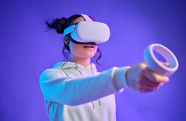 Image showing Metaverse, virtual reality headset and a woman with futuristic gaming, cyber and 3d world hand controller. Gamer person with for ar, digital experience and creative cyberpunk purple background mockup