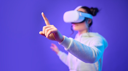 Image showing Woman hand for metaverse, virtual reality glasses and gaming for futuristic, cyber and 3d world. Gamer person finger for ar mock up, digital experience and creative cyberpunk purple background app