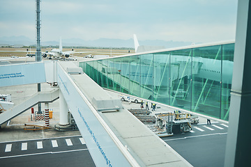 Image showing Airport, runway and platform of airplane trip, travel and transportation of airline gateway. Hangar, boarding tunnel and flight journey, commercial tourism and terminal cargo of global infrastructure