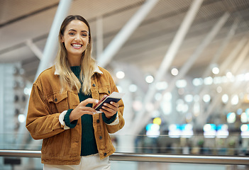 Image showing Portrait, passport and woman with phone in airport for social media, internet browsing or texting. Travel, immigration and happy female from Canada with smartphone and ticket for global traveling.