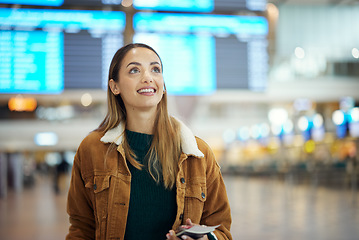 Image showing Travel, airport and woman on a trip, vacation or holiday happy to go on an international journey to a city. Airplane, excited and young female confident traveling from an airline to board flight