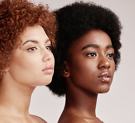 Image showing Beauty, makeup and black women profile looking relax from dermatology and spa. Isolated, gray background and studio of young people with natural face and skin from self care treatment and cosmetics