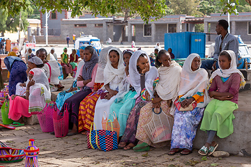 Image showing tigray woman resting in center of of Aksum, Ethiopia Africa