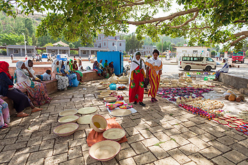 Image showing tigray woman resting in center of of Aksum, Ethiopia Africa