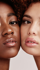 Image showing Beauty, portrait and skin of women faces together for cosmetic magazine, self care and isolated in studio brown background. Facial, dermatology and friends or models for spa treatment for glow