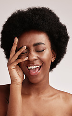 Image showing Beauty, black woman and smile of a female person face with hands happy about facial. Wellness, cosmetics and model in a isolated studio with skincare doing dermatology, detox and spa self care