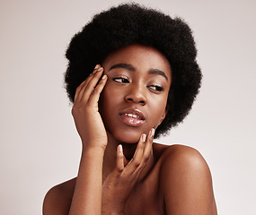 Image showing Black woman, skincare and beauty of a model thinking with skin glow from dermatology. Facial, self care and wellness of an African female in a isolated white background in a studio with cosmetics