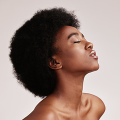 Image showing Beauty, black woman profile and skincare aesthetic with skin glow and cosmetics in a studio. Dermatology, facial and self care of a young person model feeling calm from cosmetic and detox treatment