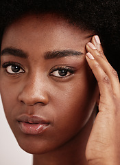 Image showing Portrait, black woman or cosmetics for dermatology, beauty or salon treatment on grey studio background. Face detox, African American female or confident girl with makeup, morning routine or grooming