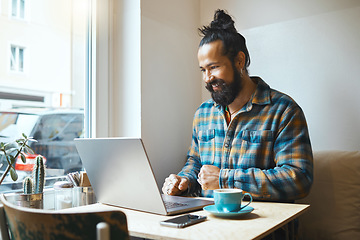 Image showing Cafe, happy or startup man on laptop planning on web SEO networking, social media or B2B sale. Small business smile or remote work on tech for communication, strategy search or research in restaurant
