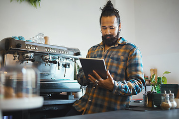 Image showing Tablet, barista man and cafe employee working on digital retail media design for business. Coffee shop waiter, ecommerce and person planning a restaurant web page for online shopping and networking