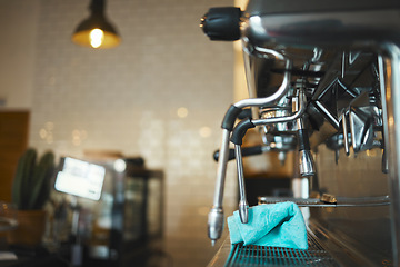 Image showing Closeup machine, coffee and equipment in cafeteria, small business and beverage shop. Backgrounds of barista services, drinks machinery and restaurant store of premium espresso, cappuccino and latte