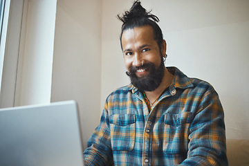 Image showing Man, laptop and portrait for remote work, cafe wifi and creative style while working online. Entrepreneur person at table for social media, networking and planning while writing blog, email or report