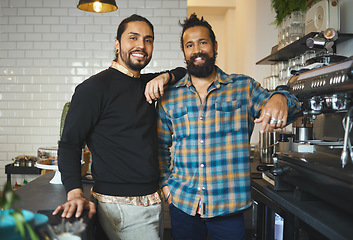 Image showing Coffee shop, partnership and small business with men in portrait, barista in hospitality and catering with cafe owner team. Collaboration, success and happy people, entrepreneur and service industry