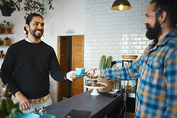 Image showing Coffee shop, customer services and people or barista in his small business startup, restaurant and food industry. Happy man with waiter, server or employee giving him an espresso in his cafe store