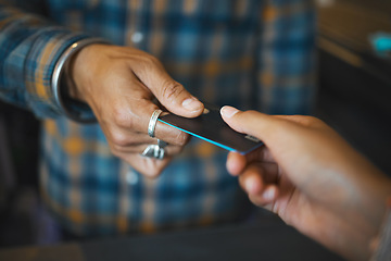 Image showing Credit card, hands or waiter in cafe with customer for purchase, ecommerce or bill payment in restaurant. Zoom, grocery shopping or black people for retail store, customer service or NFT transaction