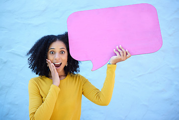 Image showing Wow, portrait and black woman with speech bubble in studio for advertising, mockup on blue background. Face, omg and girl with billboard or poster on news, social media, or discount for shock sale