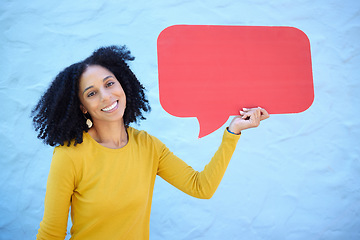 Image showing Black woman, portrait and speech bubble in studio for advertising, mockup and space on blue background. Social media, girl and billboard, branding and copy for product placement and marketing