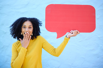 Image showing Portrait, wow and black woman with speech bubble in studio for advertising, mockup and social media on blue background. Face, omg and girl with billboard or poster on news, discount or shock sale