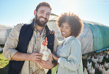Image showing Couple, farmer and agriculture, chicken and livestock, poultry farming and nature, organic free range agro business. Interracial people, team and smile in portrait, animal on farm and sustainability