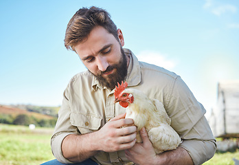 Image showing Farming, food and man with a chicken on a farm for business, ecology and working in agriculture. Sustainability, environment and farmer holding a bird for a check in the countryside of Brazil