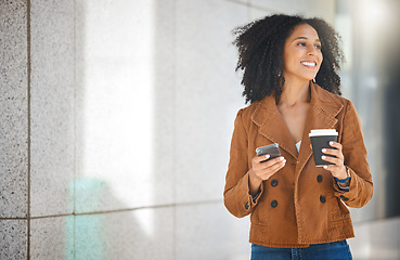 Image showing Black woman walking in city with coffee, phone and typing on social network, internet search and mockup. Happy female, urban street and mobile technology on smartphone, connection and 5g notification