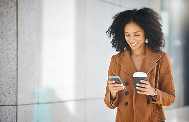 Image showing Coffee, social media and black woman relax in a city, happy and smile while walking on building background. Tea, texting and female happy with app, networking and subscription while walking downtown