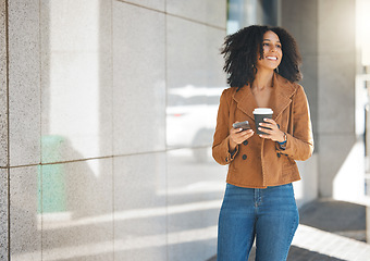 Image showing Coffee, phone and black woman in city with 5g technology, networking and mobile chat app while walking. Ideas, thinking and inspiration of happy person with smartphone on urban sidewalk for travel