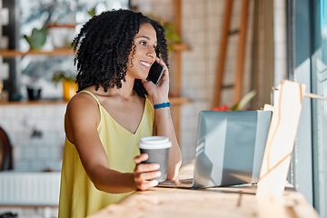 Image showing Black woman in cafe, phone call and remote work with laptop, freelance or influencer blog with networking. Connection, wifi and communication with tech, drink and relax in coffee shop with contact