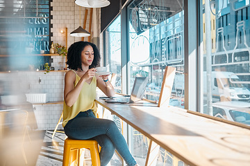 Image showing Coffee, tea and woman working in a cafe or Restaurant with laptop drinking espresso and planning. Freelancer, job and online or remote work for young female relax or break in the morning