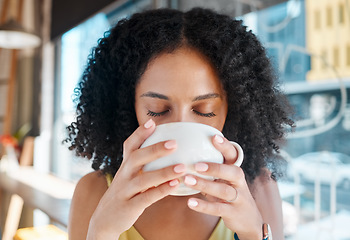 Image showing Person, relax or drinking coffee in cafe or restaurant for lunch break, mindfulness or self love zen. Beverage, student or black woman with tea cup drink for personal time, inspiration or calm peace