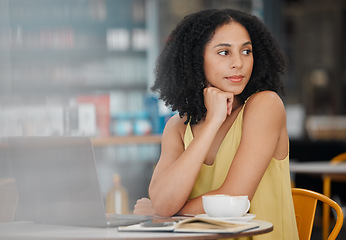 Image showing Thinking, laptop and coffee shop with a black woman doing remote work as a freelance worker or entrepreneur. Restaurant, cafe and computer with a female small business owner working on her startup