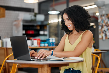Image showing Freelance, laptop or typing in coffee shop, cafe or restaurant on internet blog, student research or startup planning. Smile, happy or creative black woman on remote work technology in small business