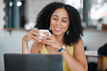 Image showing Black woman, laptop or drinking coffee in cafe or restaurant for internet blog, student research or startup planning. Smile, happy or freelance creative on remote work technology for small business